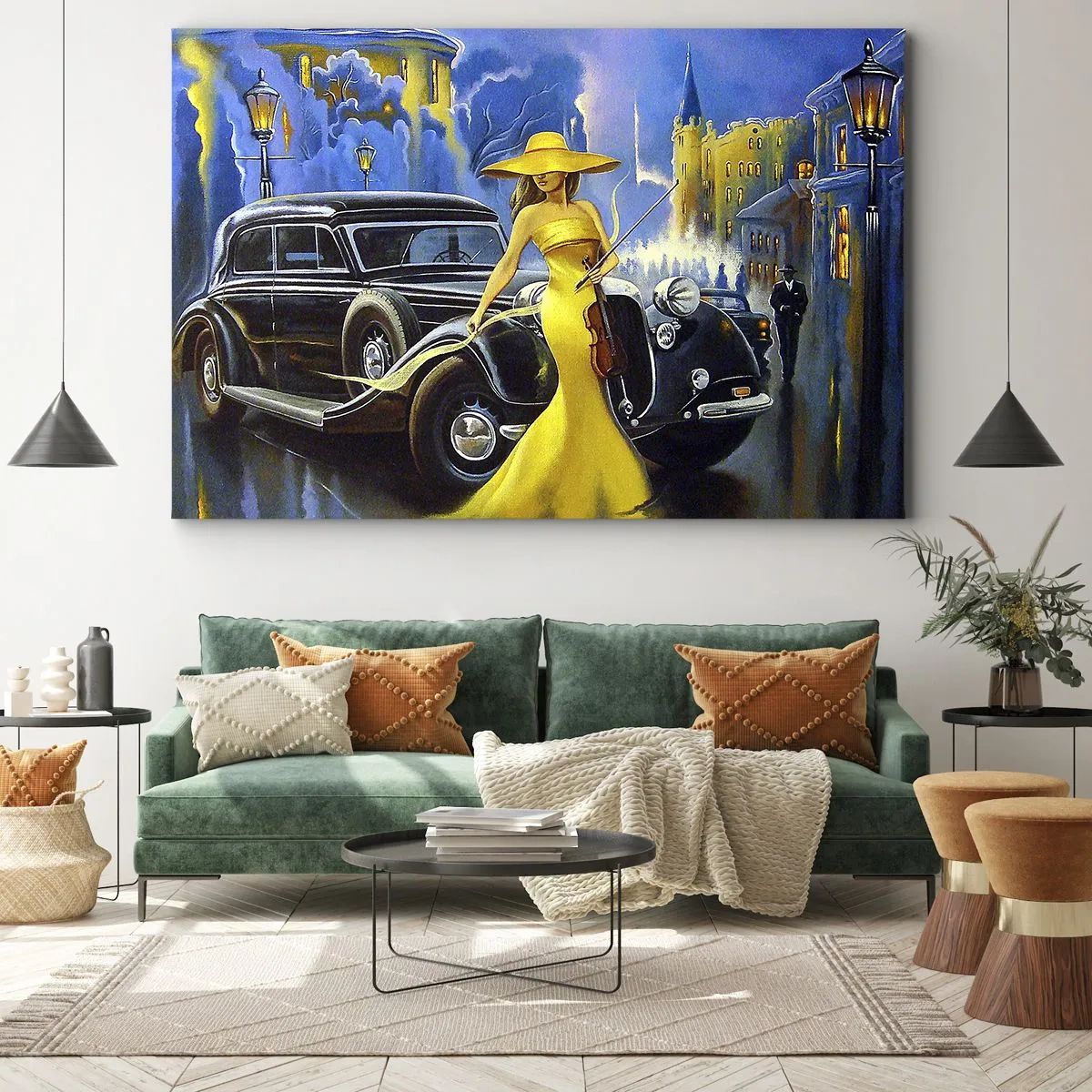 Lærredstryk - Billede på lærred - En kvinde i en gul kjole med en violin ved siden af en retrobil. - 70x50cm - Nocturne for violin og kærlighed - Moderne vægdekoration til stue og soveværelse ARTTOR