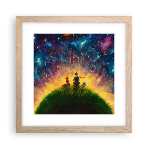 Plakat i ramme af lyst egetræ - Kærlighed og venskab - hele verden - 30x30 cm