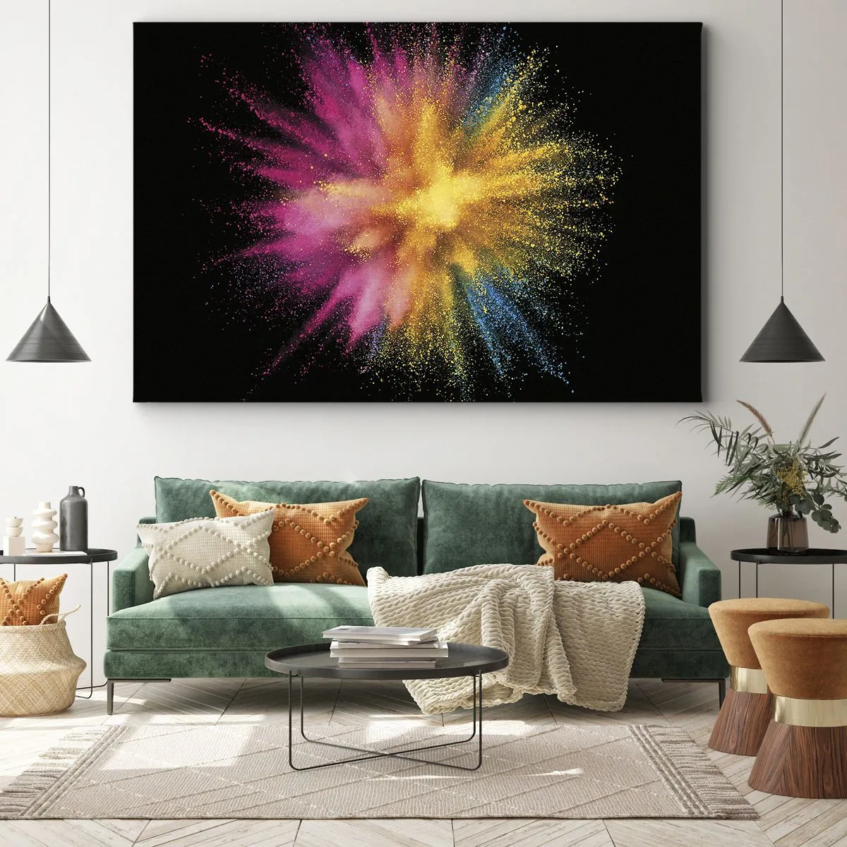 Lærredstryk - Billede på lærred - Farverig pulvereksplosion på en sort baggrund - 70x50cm - Farvernes fødsel - Moderne vægdekoration til stue og soveværelse ARTTOR