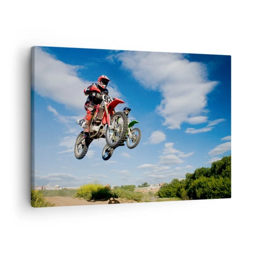 Lærredstryk - Billede på lærred - Ryttere på motocrosscykler i luften under et spring - 70x50cm - Himmelspring - Moderne vægdekoration til stue og soveværelse ARTTOR
