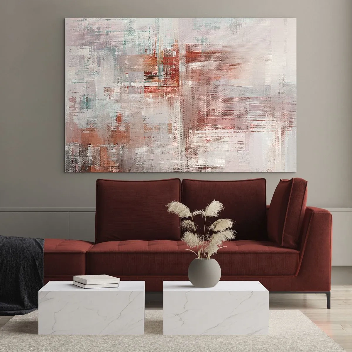Billede på glas - En abstrakt komposition i nuancer af rød og beige. - 70x50cm - Diset. Hvor er dog det lyserødt - Moderne vægdekoration til stue og soveværelse ARTTOR
