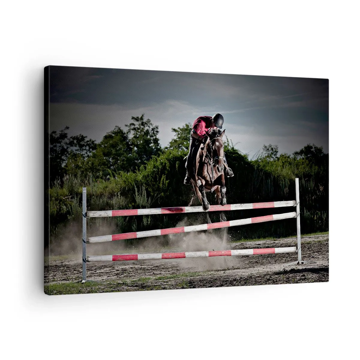 Lærredstryk - Billede på lærred - En rytter på en hest, der hopper over en forhindring på en væddeløbsbane - 70x50cm - Sammen om sejren - Moderne vægdekoration til stue og soveværelse ARTTOR