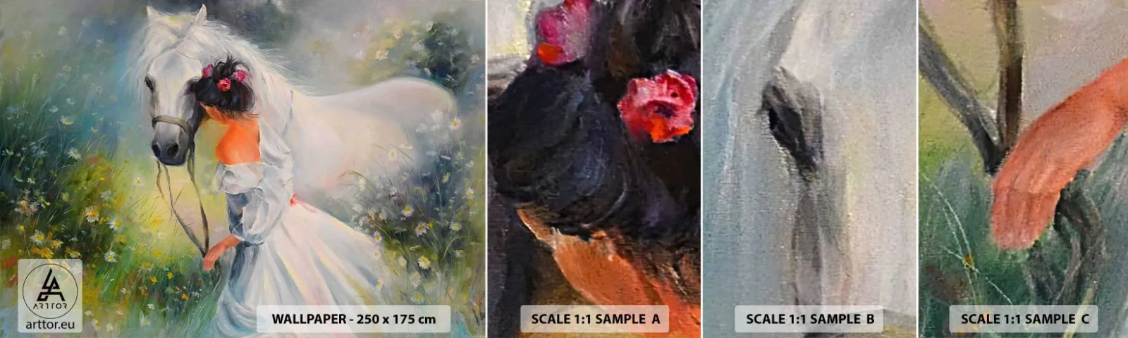 Prøve Fototapet Selvklæbende Deluxe Sticker - Som fra en smuk drøm - Kvinde, Hest, Eng - 100x30 cm