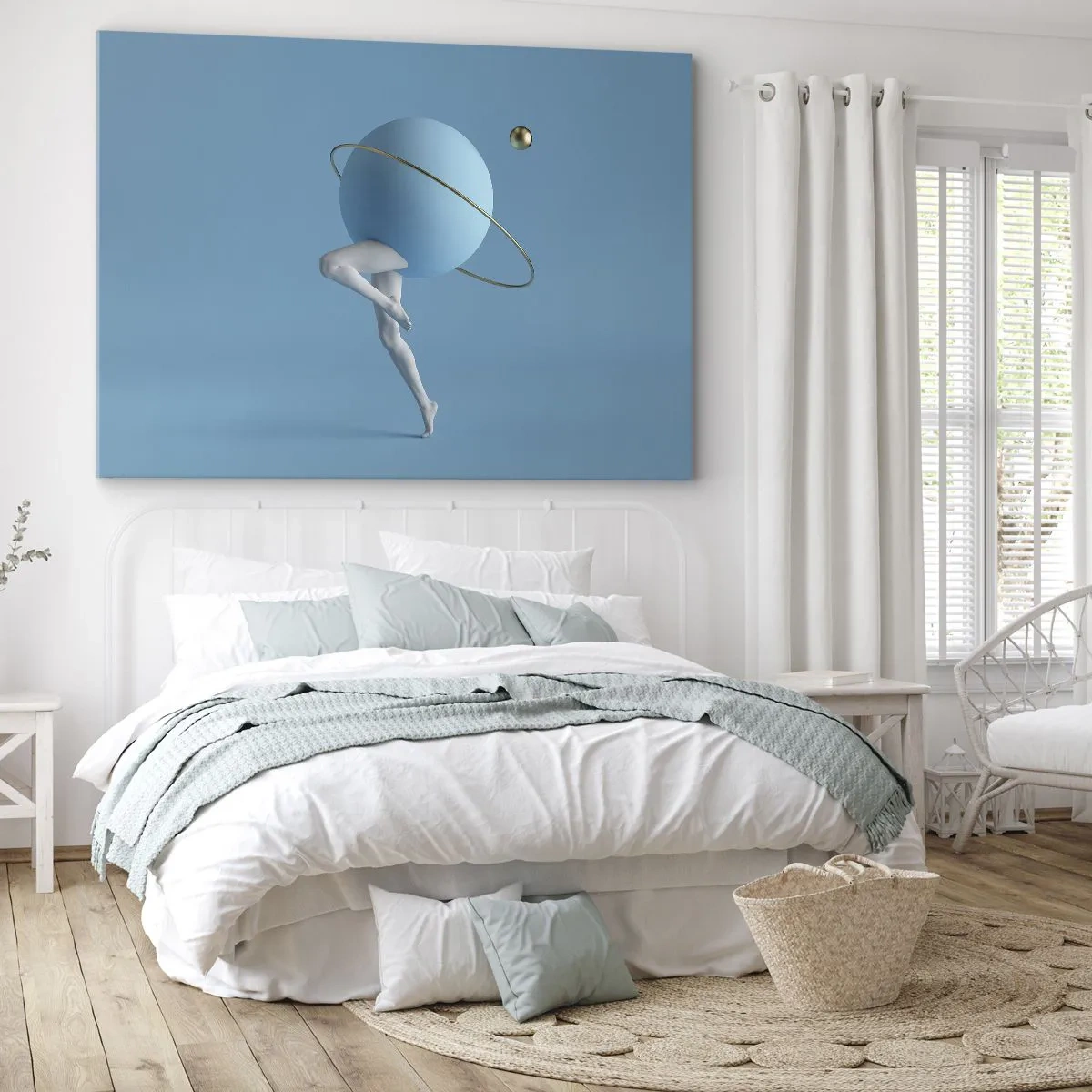 Lærredstryk - Billede på lærred - En blå kugle med en bane og menneskeben mod himlen - 70x50cm - Og planeterne går amok - Moderne vægdekoration til stue og soveværelse ARTTOR