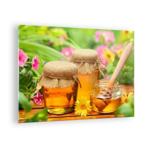 Billede på glas - Honningkrukker mod en baggrund af blomster i haven - 70x50cm - Sød og blomsteragtig - Moderne vægdekoration til stue og soveværelse ARTTOR