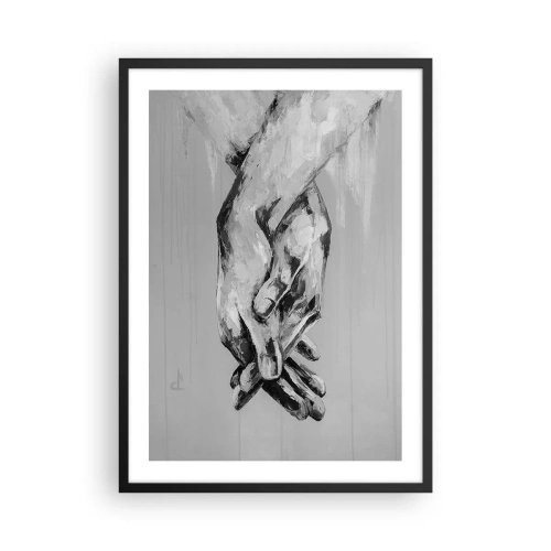Plakat i sort ramme - Et monokromt billede af foldede hænder på en grå baggrund. - 50x70cm - Begyndelsen ... - Moderne vægdekoration til stue og soveværelse ARTTOR
