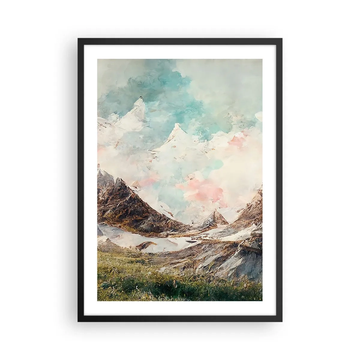 Plakat i sort ramme - Et malerisk bjerglandskab med en pastelfarvet himmel - 50x70cm - Stenede knive - Moderne vægdekoration til stue og soveværelse ARTTOR