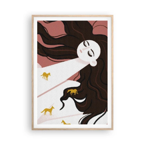 Plakat i ramme af lyst egetræ - Drøm om en gylden hest - 70x100 cm