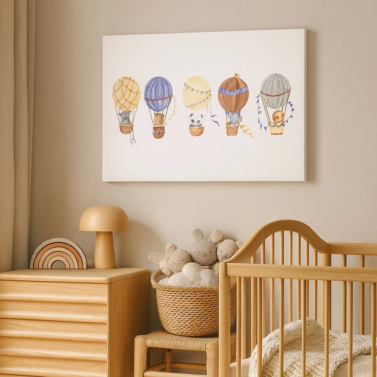 Lærredstryk - Billede på lærred - Søde dyr i balloner på en hvid baggrund - 70x50cm - Venner på farten - Moderne vægdekoration til stue og soveværelse ARTTOR