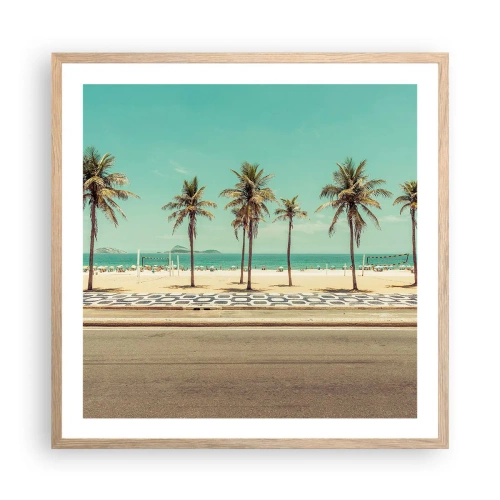 Plakat i ramme af lyst egetræ - På stranden - 60x60 cm