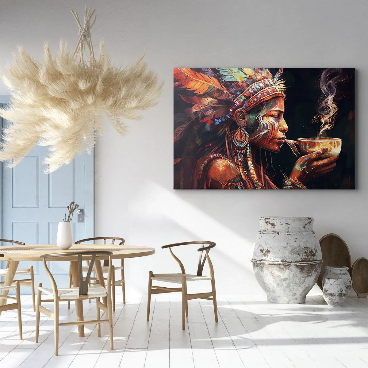Lærredstryk - Billede på lærred - En farverig figur i etnisk stil med en kop dampende drik - 70x50cm - Et magisk ritual - Moderne vægdekoration til stue og soveværelse ARTTOR