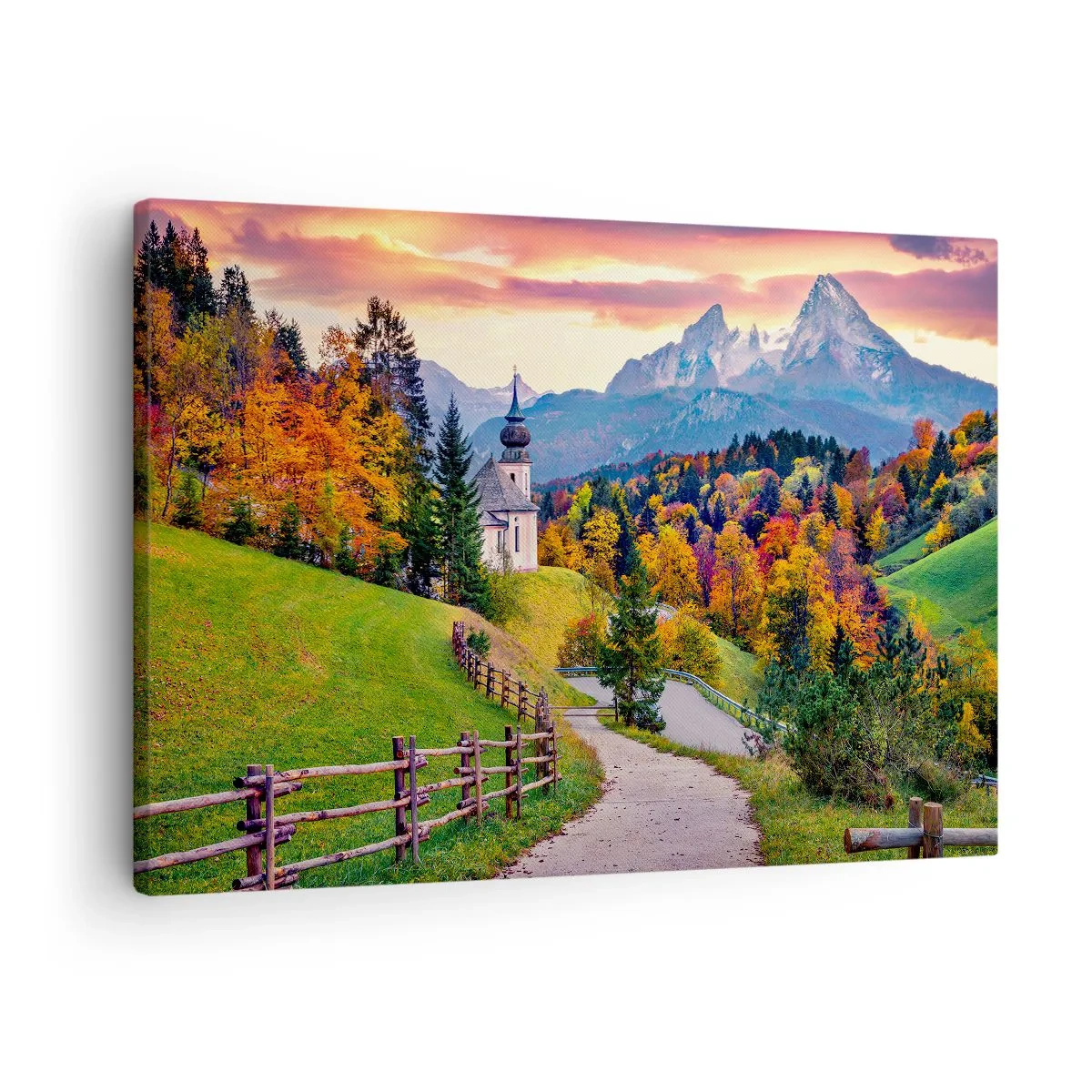Lærredstryk - Billede på lærred - Efterårsbjerglandskab med et kapel og solnedgang - 70x50cm - Landskab som maleri - Moderne vægdekoration til stue og soveværelse ARTTOR