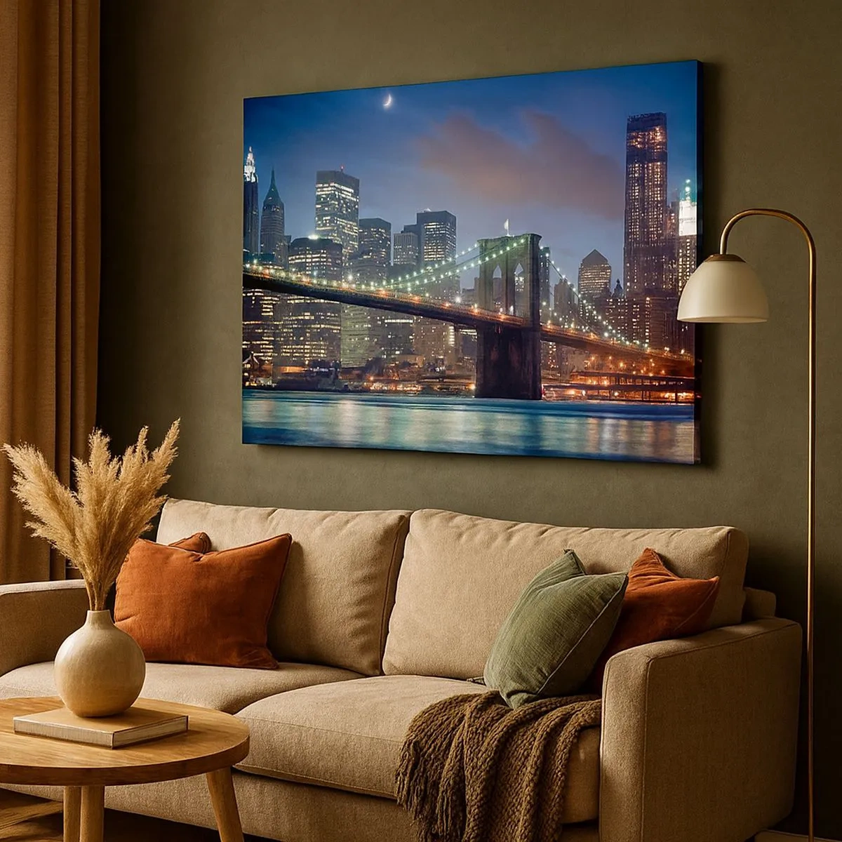 Lærredstryk - Billede på lærred - New York City Bridge om natten med oplyste bygninger - 70x50cm - Lys op om natten - Moderne vægdekoration til stue og soveværelse ARTTOR