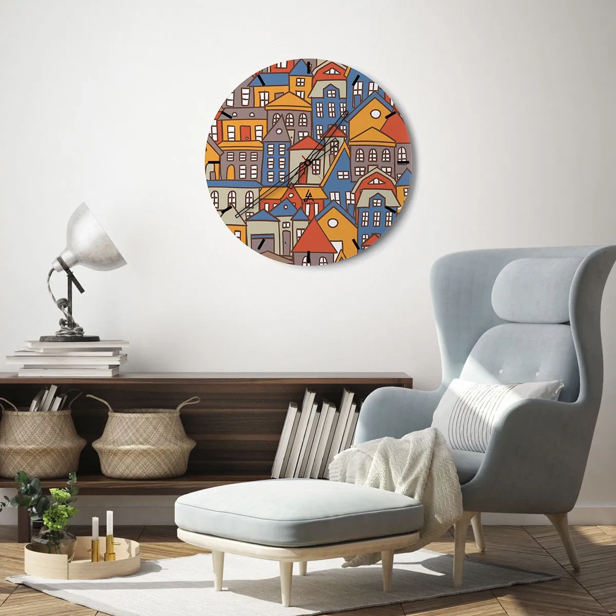 Vægur, Uret - Farverige bygninger i grafisk stil - 30x30cm - Bag huset - Moderne vægdekoration til stue, køkken og soveværelse ARTTOR