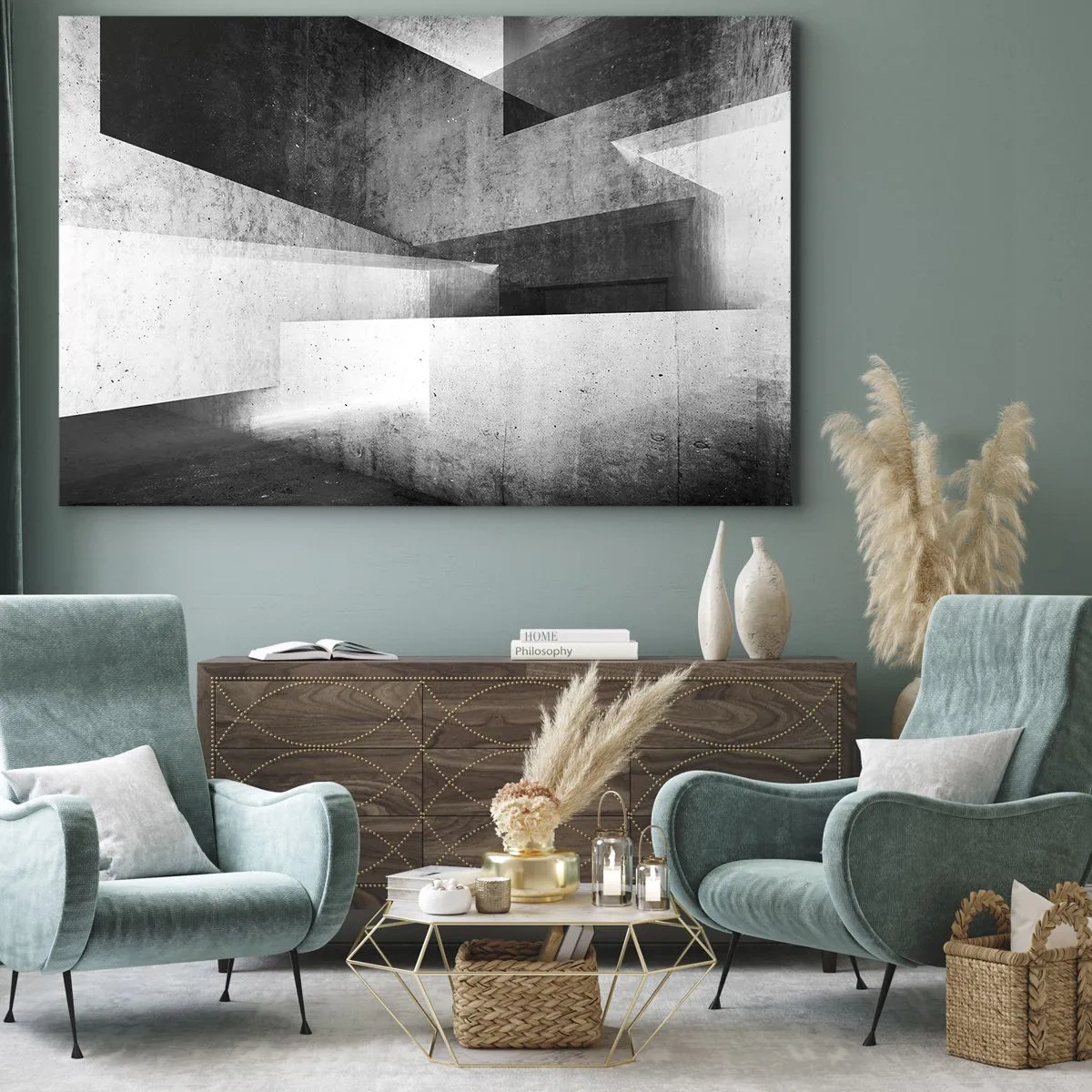 Lærredstryk - Billede på lærred - Geometriske former i en monokromatisk komposition - 70x50cm - Rummet struktur - Moderne vægdekoration til stue og soveværelse ARTTOR