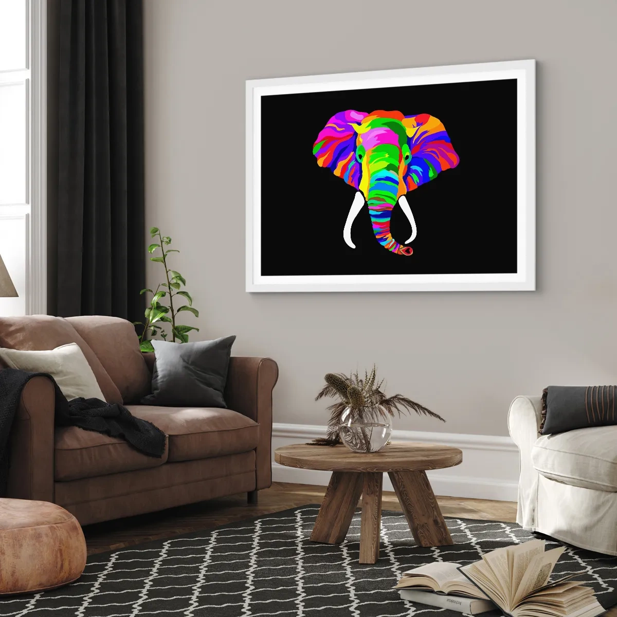 Plakat i hvid ramme - Elefanten, der elskede at bade i regnbuen - 50x40 cm