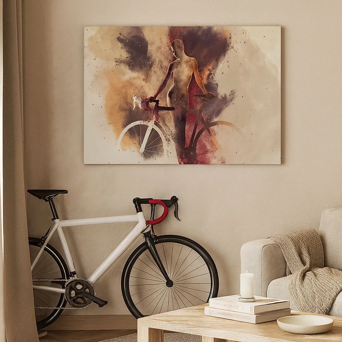 Lærredstryk - Billede på lærred - Abstrakt silhuet med en cykel i kunstnerisk stil - 70x50cm - I marmor former den cyklende sjæl - Moderne vægdekoration til stue og soveværelse ARTTOR