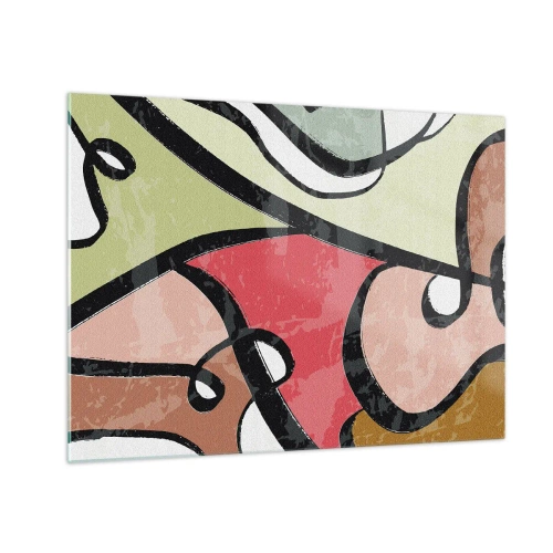Billede på glas - Farverig abstraktion med sorte linjer - 70x50cm - Pirouetter blandt farver - Moderne vægdekoration til stue og soveværelse ARTTOR
