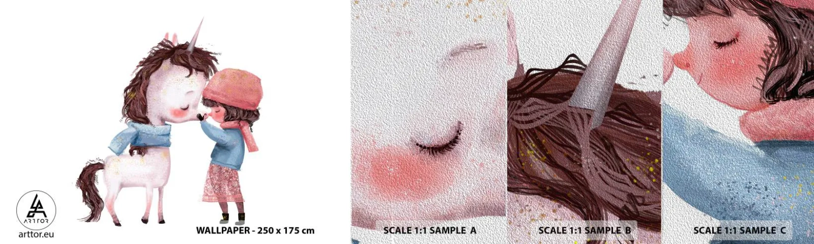Prøve Fototapet Premium Sand - En vinterhistorie - For børn, enhjørning, Pige - 100x30 cm