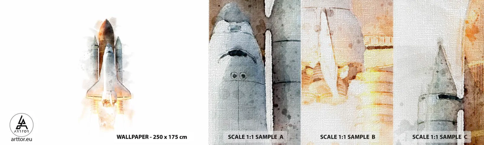 Prøve Fototapet Premium Canvas - Opdagelsesrejsende i starten - En rumraket, Kosmos, Minimalisme - 100x30 cm