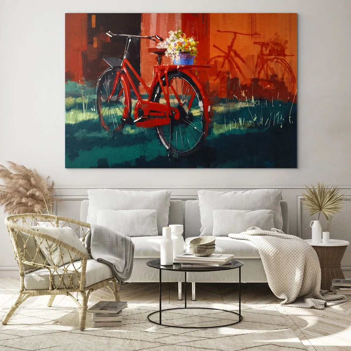 Billede på glas - En rød cykel med blomster foran en rød bygning - 70x50cm - I want to ride my bicycle - Moderne vægdekoration til stue og soveværelse ARTTOR