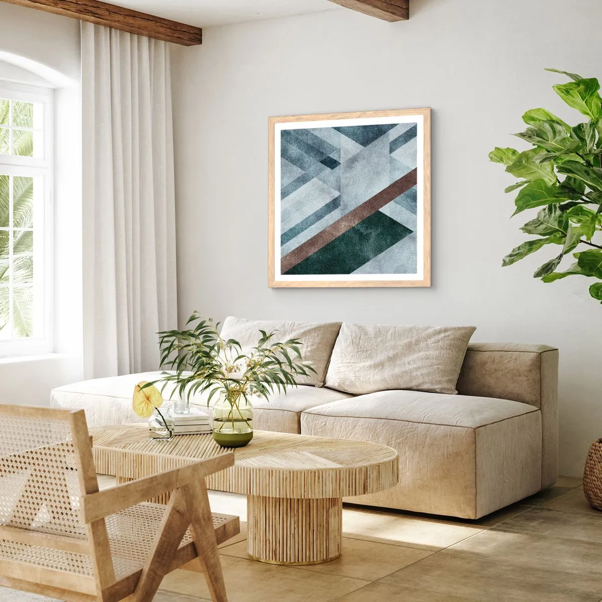 Plakat i ramme af lyst egetræ - Sofistikeret elegance i geometri - 50x50 cm