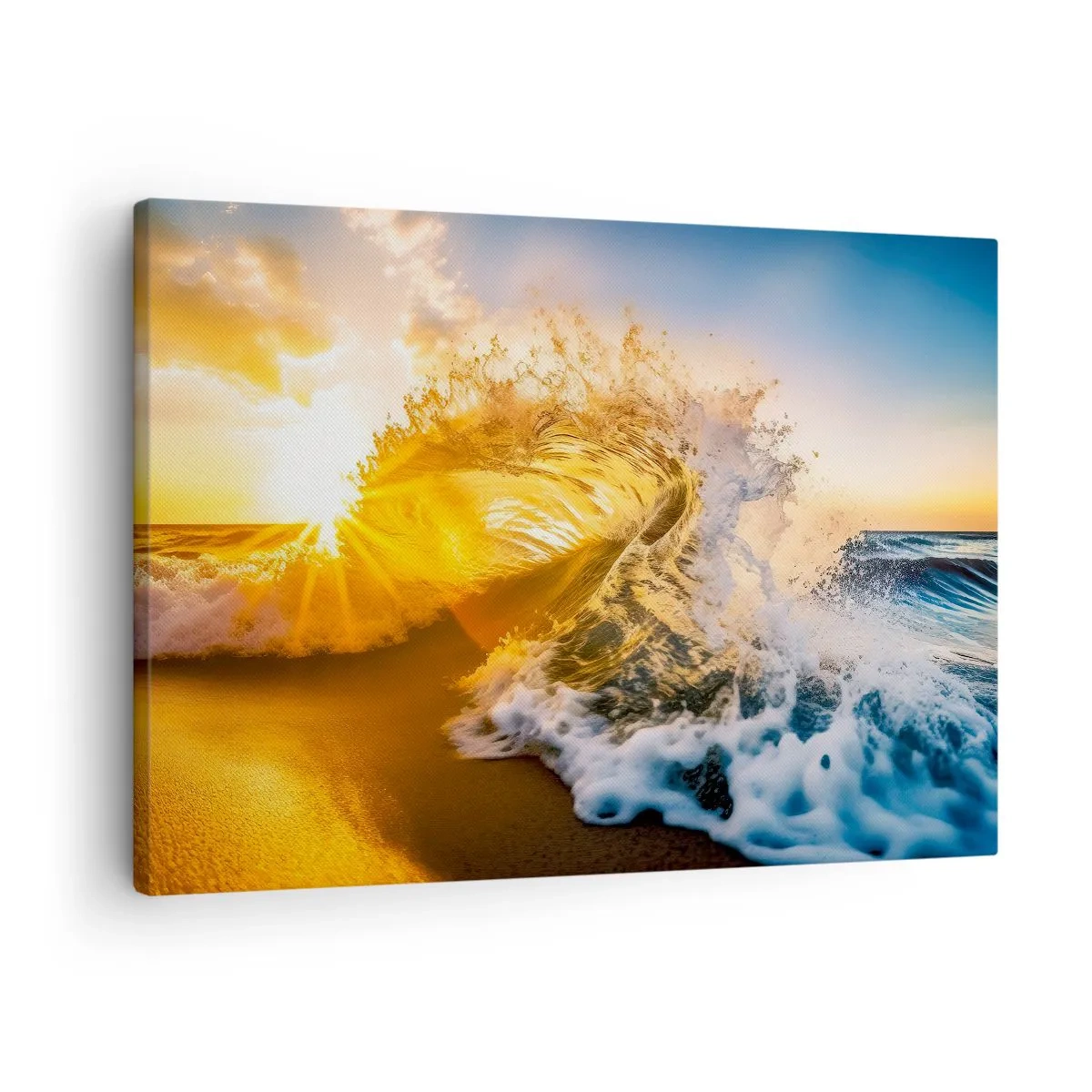 Lærredstryk - Billede på lærred - En gylden bølge mod baggrunden af den nedgående sol - 70x50cm - Leg på sandet - Moderne vægdekoration til stue og soveværelse ARTTOR