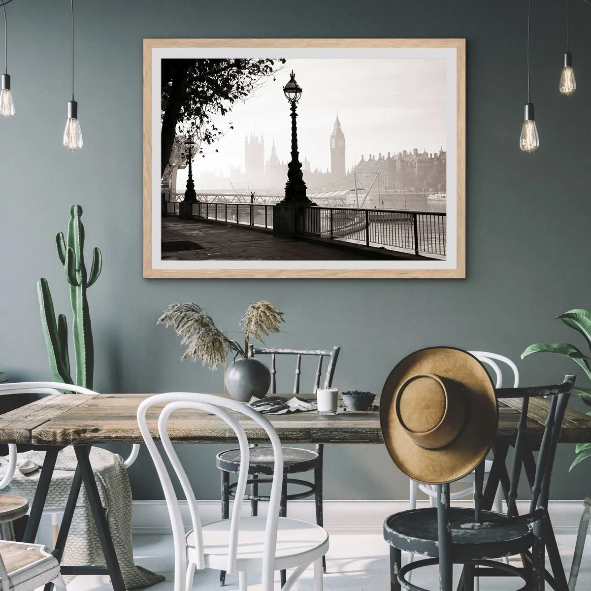 Plakat i ramme af lyst egetræ - London morgen - 40x30 cm