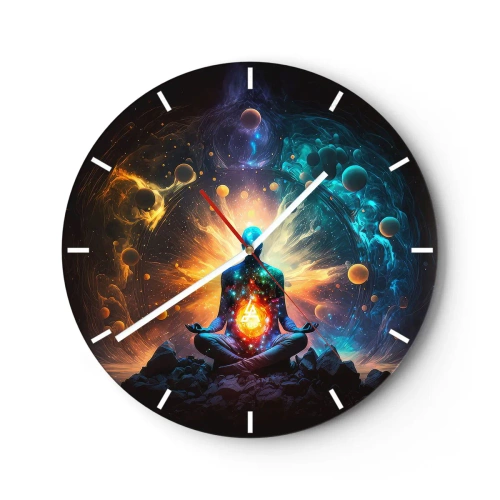 Vægur, Uret - En figur i meditation omgivet af kosmisk energi og planeter. - 30x30cm - Kosmisk ro - Moderne vægdekoration til stue, køkken og soveværelse ARTTOR