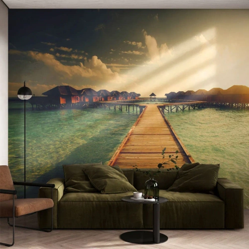 Fototapet Premium Canvas - En varm invitation - Maldiverne, Landskab, Huse på vandet - 250x175 cm