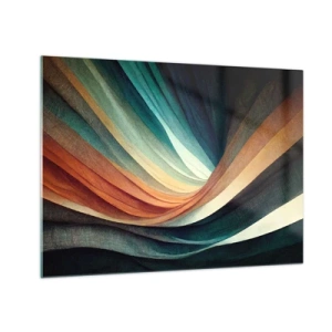 Billede på glas - Farverige bølger i nuancer af turkis, orange og beige - 70x50cm - Vævet af farver - Moderne vægdekoration til stue og soveværelse ARTTOR