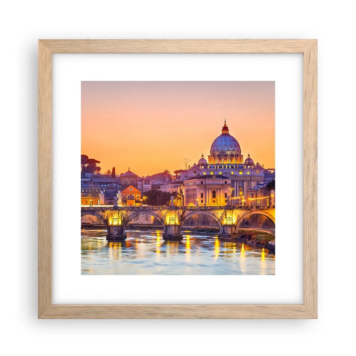 Plakat i ramme af lyst egetræ - Tusmørke over den evige by - 30x30 cm