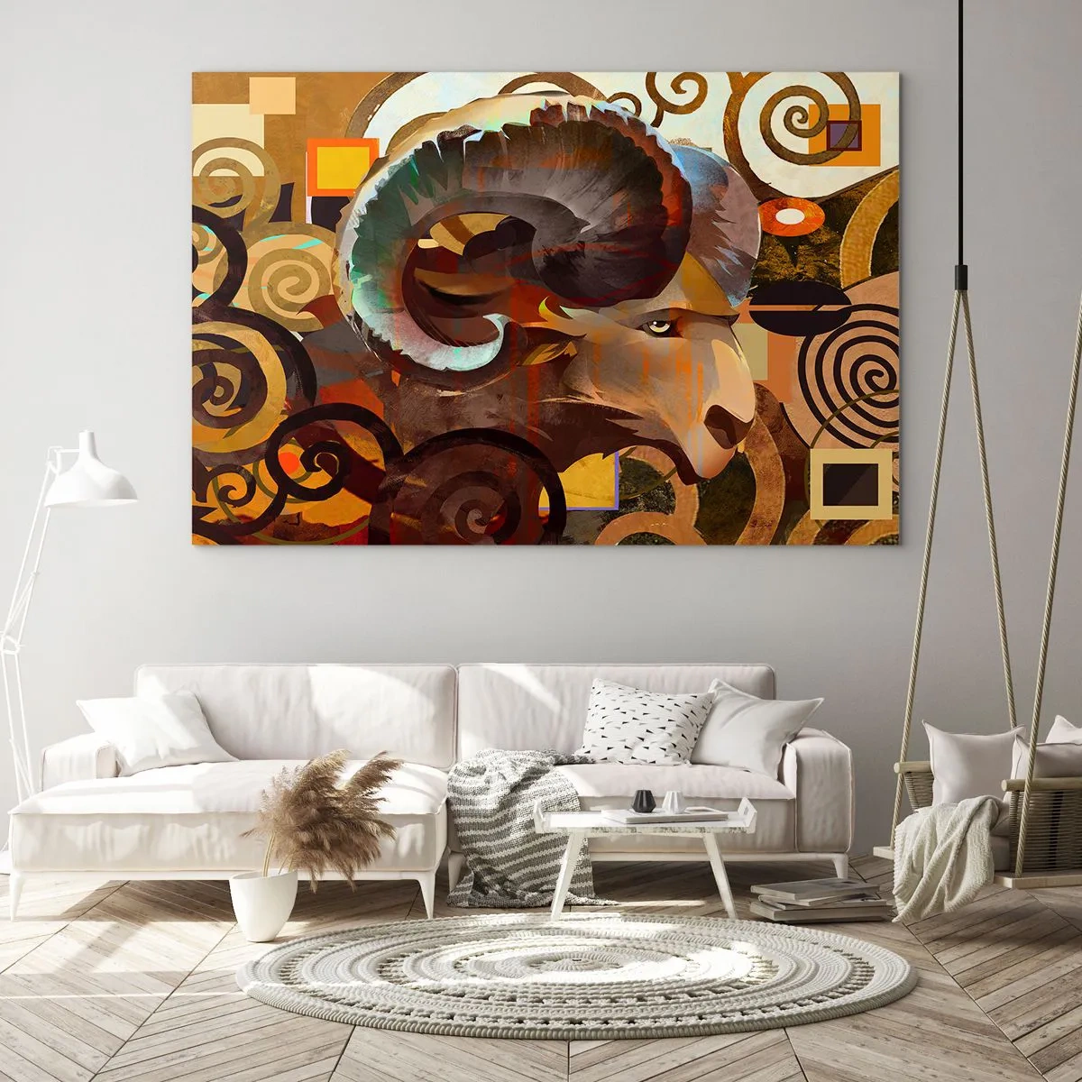 Billede på glas - Et kunstnerisk billede af en vædder i en geometrisk og spiralformet komposition. - 70x50cm - Magier - religioner - ritualer - Moderne vægdekoration til stue og soveværelse ARTTOR