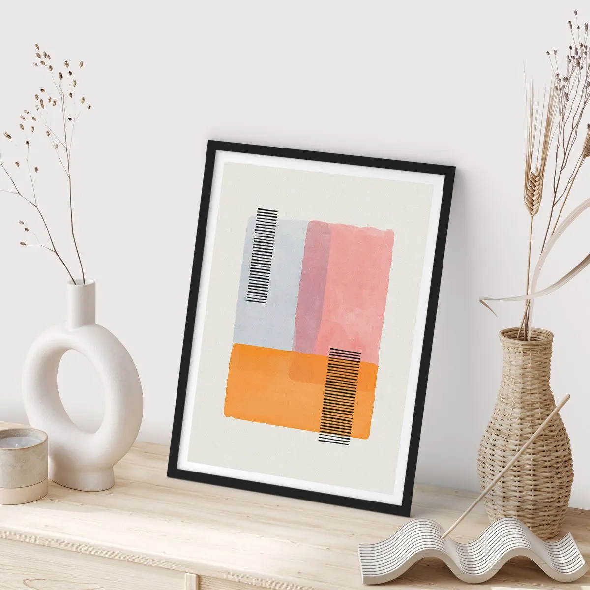Plakat i sort ramme - Geometriske former i pastelfarver med linjeaccenter - 50x70cm - Fra hjørne til hjørne - Moderne vægdekoration til stue og soveværelse ARTTOR
