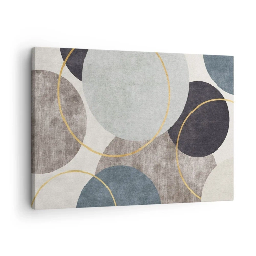 Lærredstryk - Billede på lærred - Geometriske cirkler i nuancer af grå, blå og guld - 70x50cm - Hjul efter hjul - Moderne vægdekoration til stue og soveværelse ARTTOR