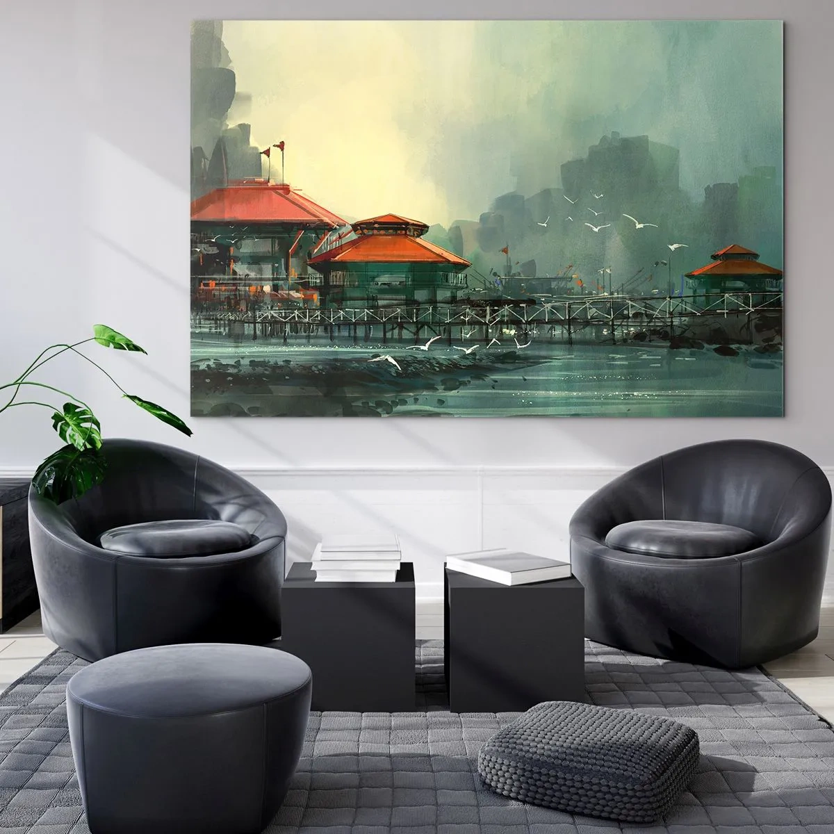 Billede på glas - En regnvejrsdag på havnen - 120x80 cm