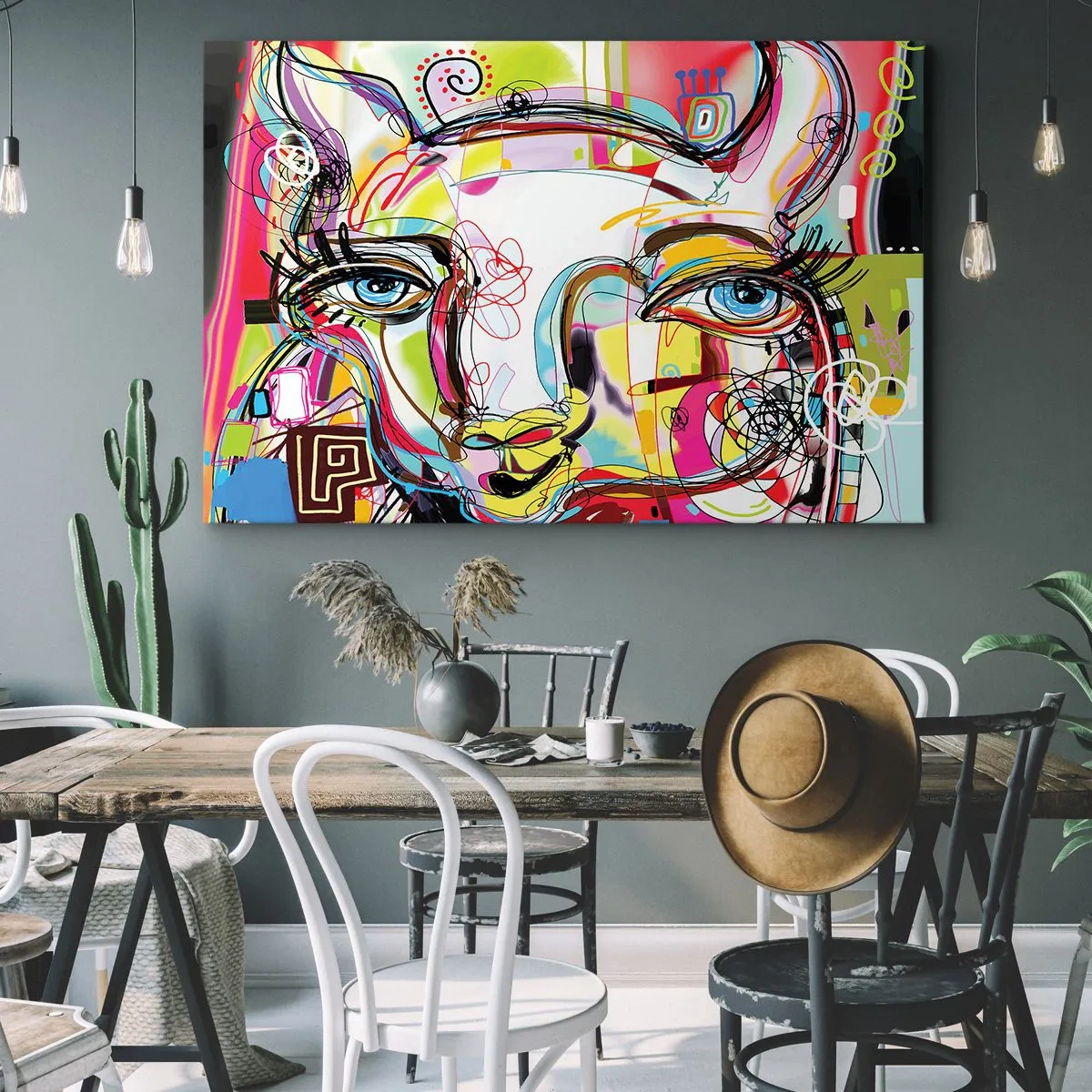Lærredstryk - Billede på lærred - Farverigt portræt i en abstrakt kunstnerisk stil - 70x50cm - Rigdommen ved katteeksamen - Moderne vægdekoration til stue og soveværelse ARTTOR