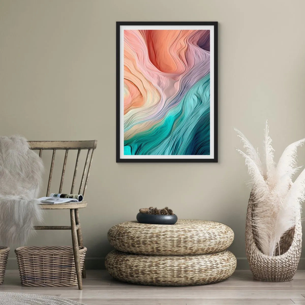 Plakat i sort ramme - En abstrakt komposition af bølgede linjer i pastelfarver. - 50x70cm - Regnbuebølge - Moderne vægdekoration til stue og soveværelse ARTTOR