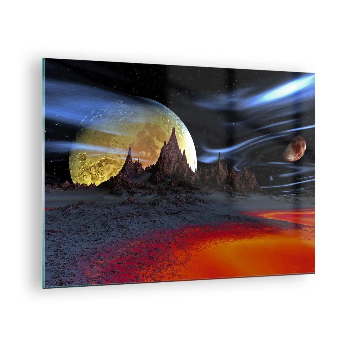 Billede på glas - Fremmedlandskab med en planet og en farverig himmel - 70x50cm - En ukendt verden - Moderne vægdekoration til stue og soveværelse ARTTOR