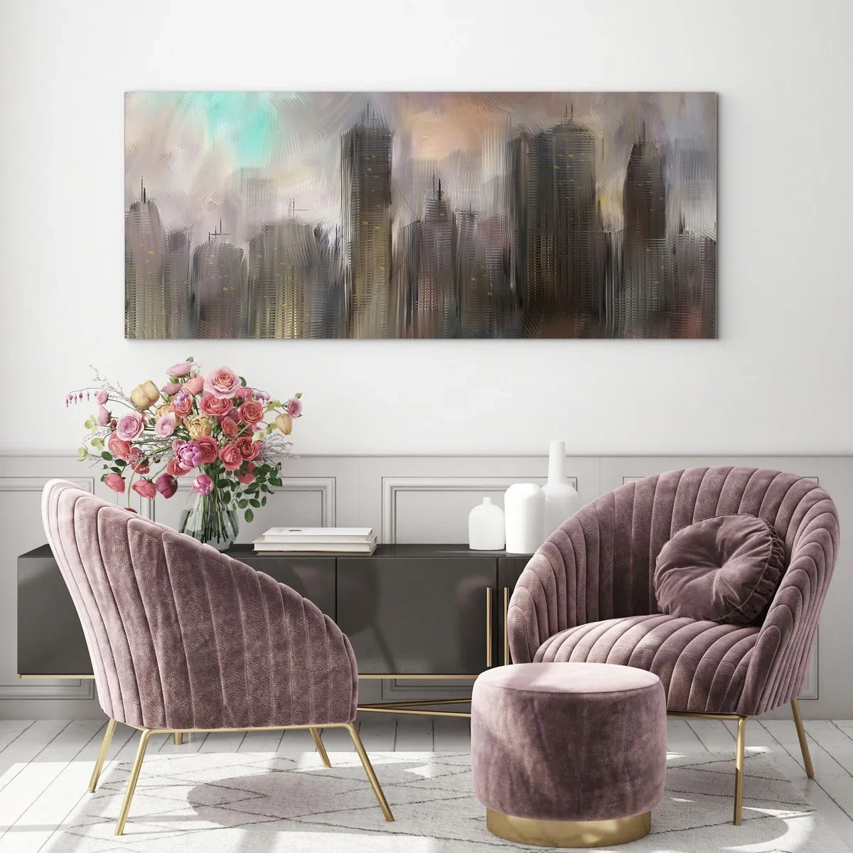 Billede på glas - En sammensætning af stål, sten og tåge - 120x50 cm
