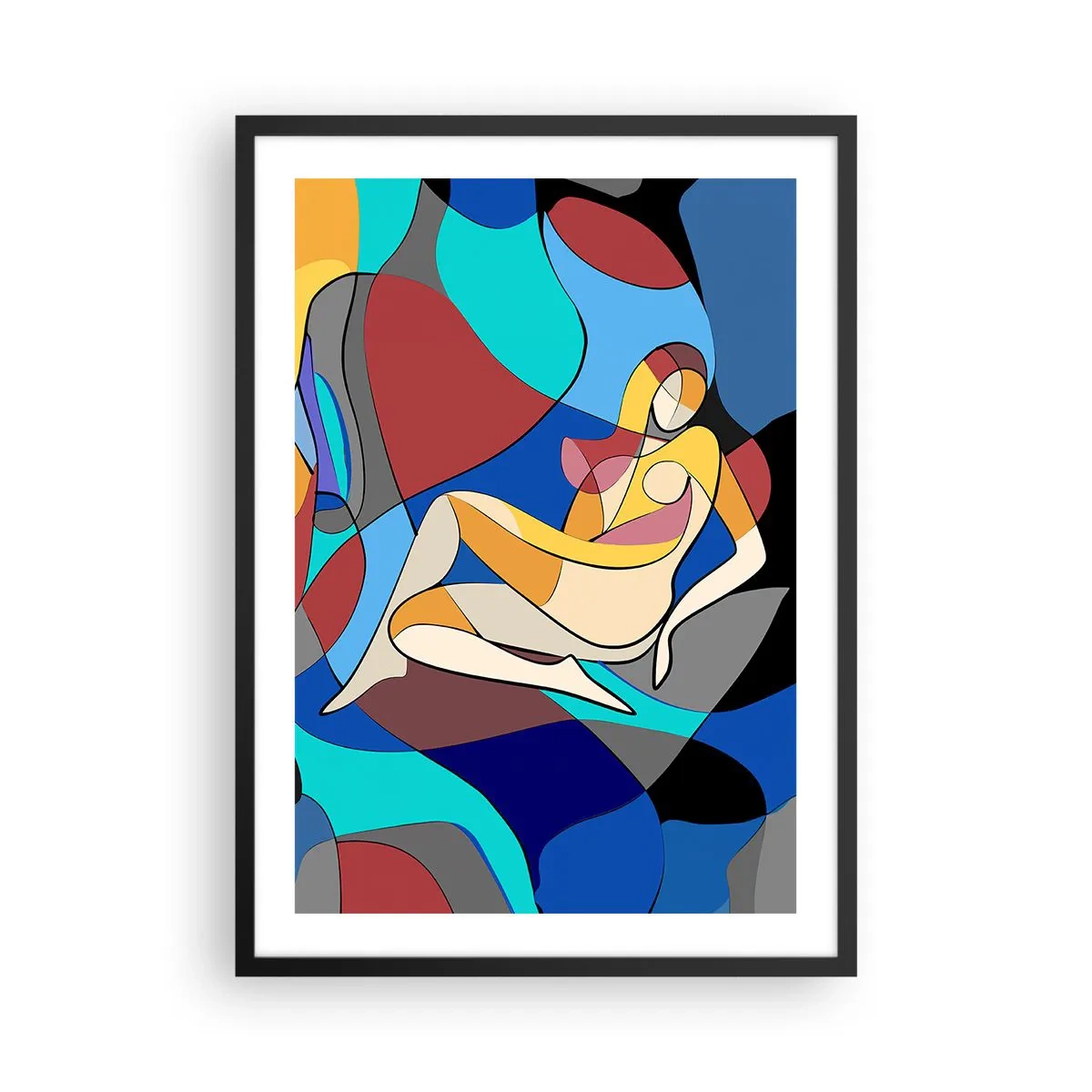 Plakat i sort ramme - Abstrakt silhuet af en kvinde i en farverig komposition - 50x70cm - Kubistisk nøgen - Moderne vægdekoration til stue og soveværelse ARTTOR