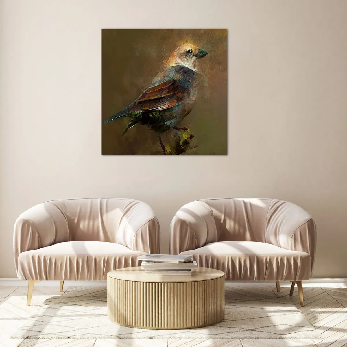 Billede på glas - Lille spurv, lille fugl - 70x70 cm