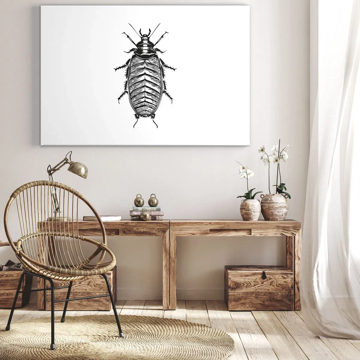 Lærredstryk - Billede på lærred - Grafik af et sort-hvidt insekt på en hvid baggrund - 70x50cm - Sikke et eksemplar! - Moderne vægdekoration til stue og soveværelse ARTTOR