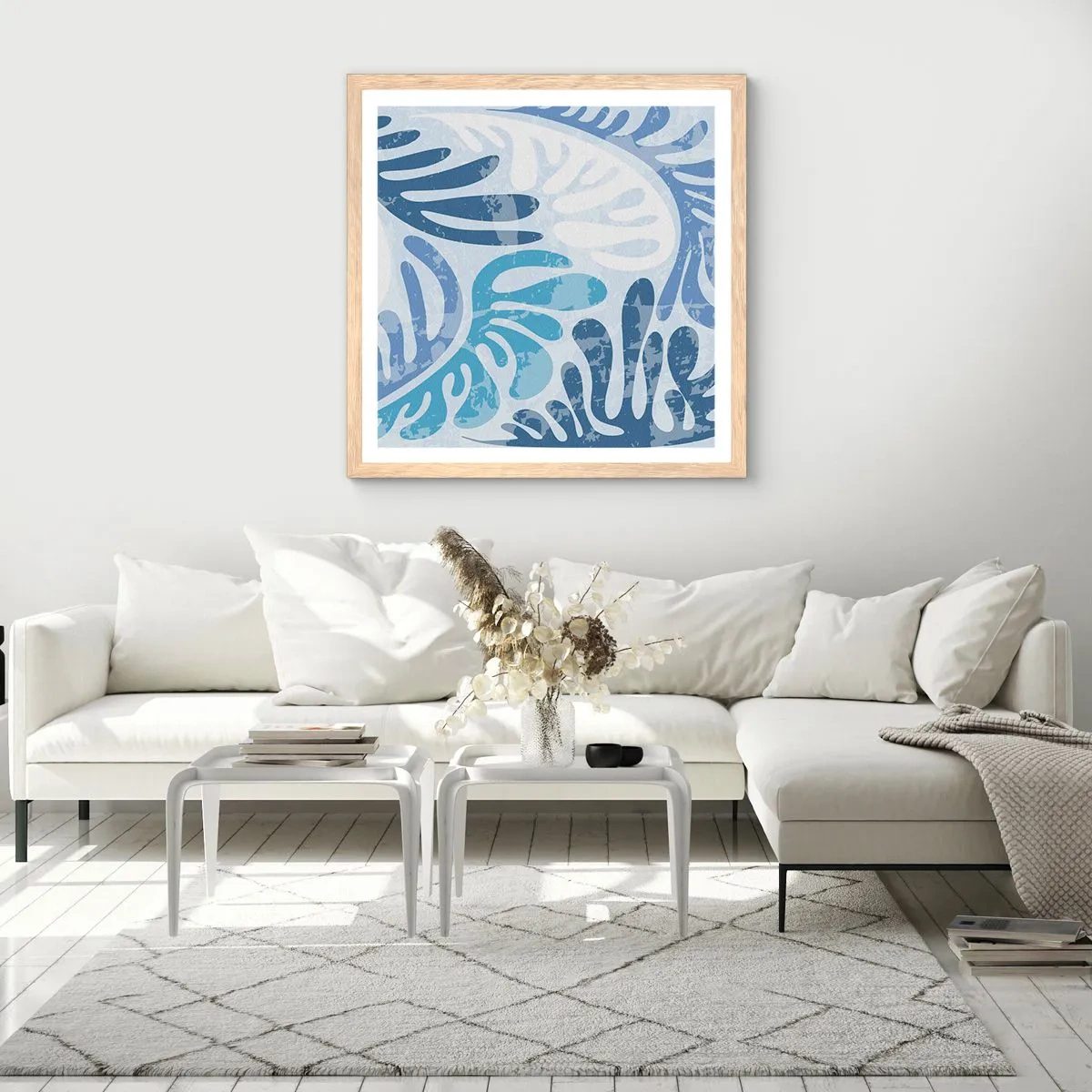 Plakat i ramme af lyst egetræ - Blå bregner - 50x50 cm