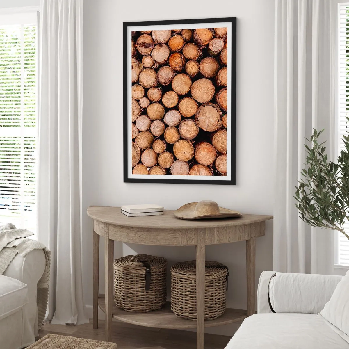 Plakat i sort ramme - Naturskårne træstammer i et kunstnerisk arrangement - 50x70cm - En ny begyndelse - Moderne vægdekoration til stue og soveværelse ARTTOR