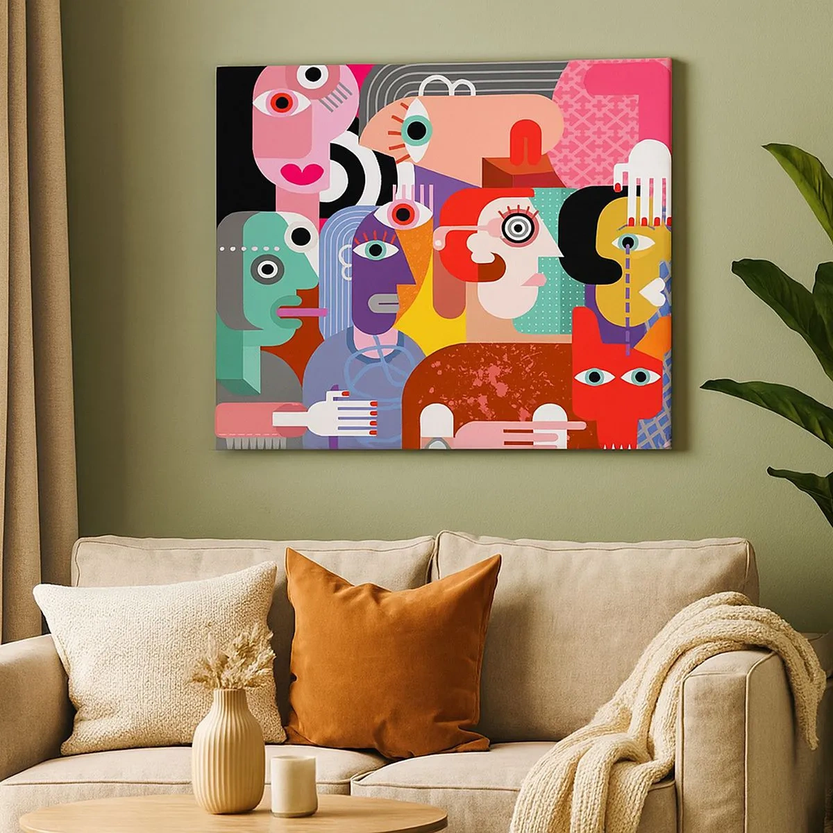 Lærredstryk - Billede på lærred - Farverig abstraktion med geometriske ansigter - 70x50cm - Vi fra hr. Picasso - Moderne vægdekoration til stue og soveværelse ARTTOR