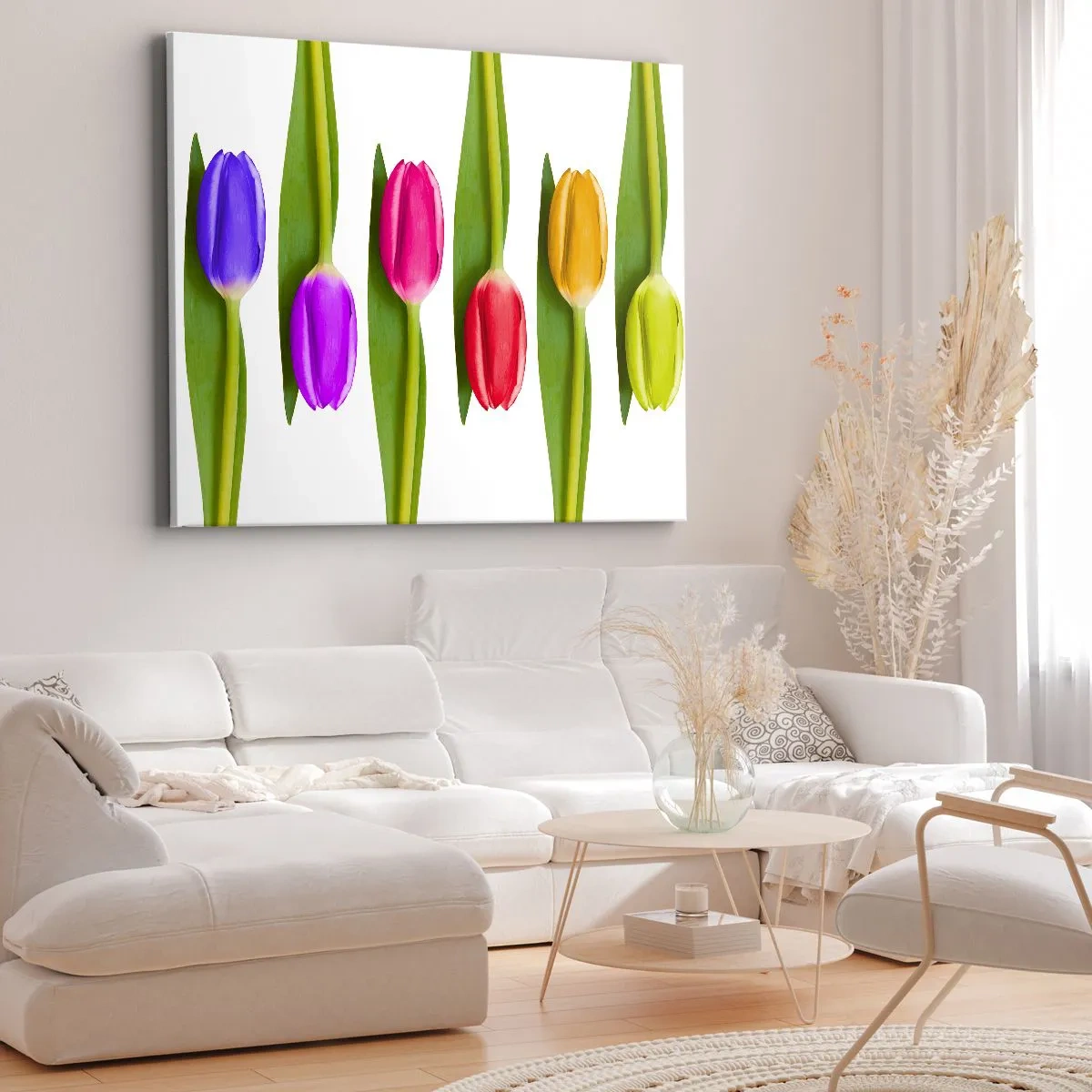 Lærredstryk - Billede på lærred - Flerfarvede tulipaner arrangeret i en række på en hvid baggrund - 70x50cm - Regnbuesammensætning - Moderne vægdekoration til stue og soveværelse ARTTOR