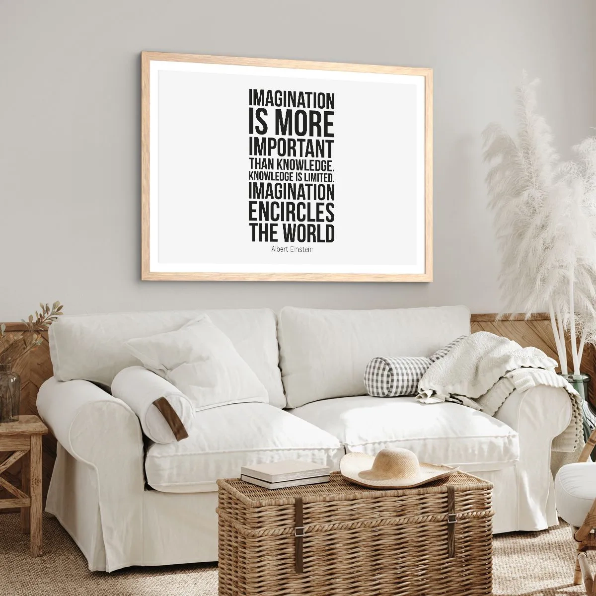 Plakat i ramme af lyst egetræ - Einstein om fantasiens kraft - 70x50 cm