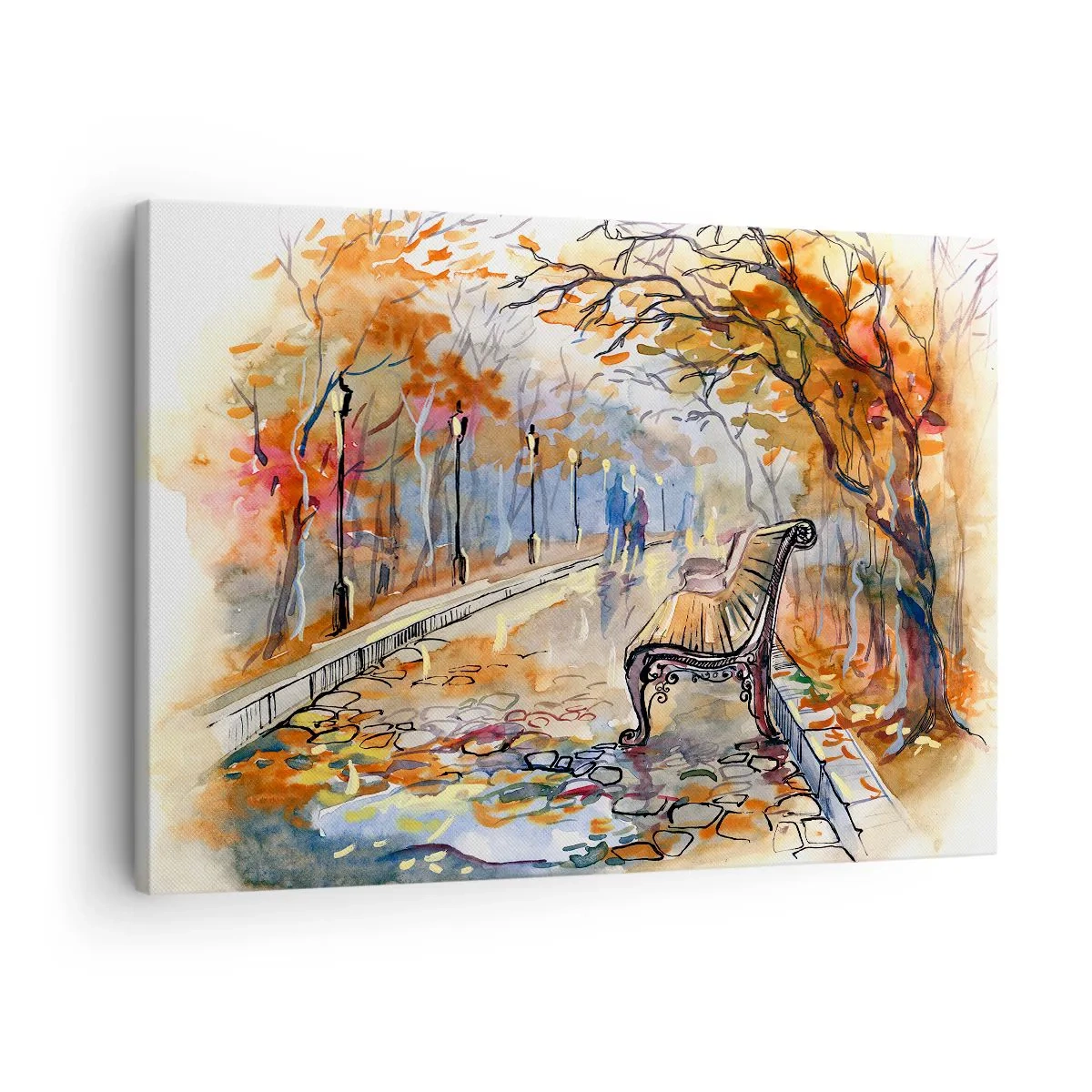 Lærredstryk - Billede på lærred - En efterårspark med en bænk i akvarel - 70x50cm - Gå sammen ind i efteråret - Moderne vægdekoration til stue og soveværelse ARTTOR