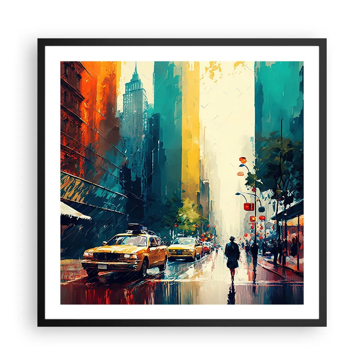 Plakat i sort ramme - New York - her er selv regnen farverig - 60x60 cm